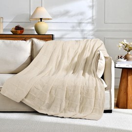 NEXHOME PRO Knit Throw Blanket,Classical Checkered Blanket for Couch,Cozy Warm Knitted Throw Blanket for Bed Sofa Living Room, Decorative Stretched Throw, Lightweigh,60"X80"Cream White