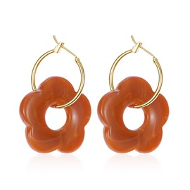 Just Follow Resin Flower Hoop Earrings Minimalist Bohemia Charm Flower Dangle Drop Huggie Hoops Earrings Mother's Day Jewelry Gifts for Women (Brown)