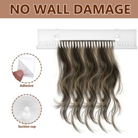 FRCOLOR Hair Extension Holder Wall Mount Durable Acrylic Braiding Hair Rack with 2Pcs Suction Cup Hooks Hair Extension Hanger Display Stand for Styling and Drying