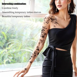 Floral Rose Temporary Tattoos for Women, Black and Colourful Designs, Multiple Sizes (black)