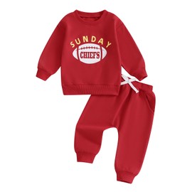 GINEVSAL Baby Boy Football Outfit Long Sleeve Sunday Football/Chiefs Round Neck Sweatshirt Pants Set Toddler Fall Clothes (White Red, 12-18 Months)