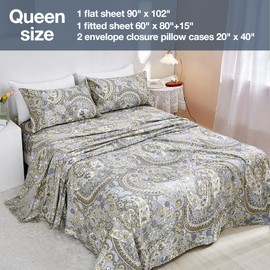 JSD Paisley Sheet Set Queen Size, 4 Piece Retro Pattern Microfiber Bedding Sheets Extra Deep Pocket
