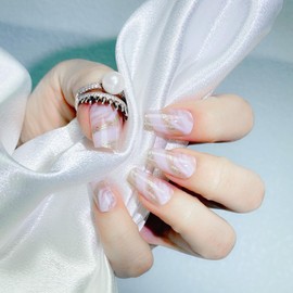 Nailsculpt Press On Nails - Coffin Marbled Base Fake Nails with Gold Glitter Accents | Salon Quality | 24 Nail Kit - 12 Sizes with 48 Jelly Tabs | Reusable Durable Easy-Removal False Nails