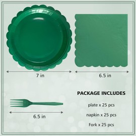 WYQJHKV Dark Green Paper Plates and Napkins,7 Inch Dark Green Scalloped Disposable Dessert Plates Paper Napkin Fork Party Supplies for Wedding Baby Shower Birthday(25 Guest)