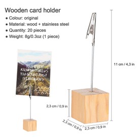 Memo Holder 20 Pieces, Picture Holder with Clips, Wooden Card Table, Vertical Note Squares for Photo Office Wedding Party Decoration, Original wood colour