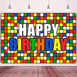 Colorful Cube Birthday Party Backdrop Banner Puzzle Game Themed Wall Decoration Colorful Plaid Block Backdrop for Boys Girls Birthday Party Photo Photography Prop Booth Background 70.9x47.2in-BECKTEN