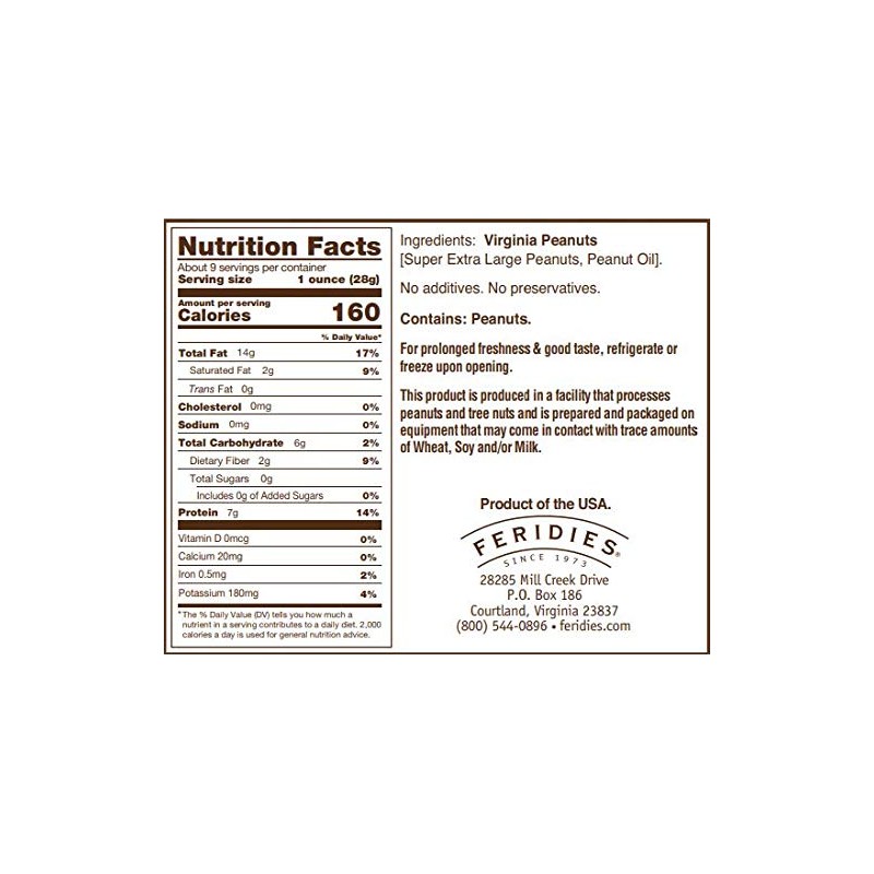 FERIDIES Super Extra Large Unsalted Virginia Peanuts - 9oz Can