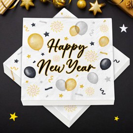 Pack of 40 Napkins New Year's Eve Happy New Year, New Year's Eve Decoration 2025, New Year's Eve Napkins for New Year's Eve Table Decoration, New Year Party Decoration (33 x 33 cm)
