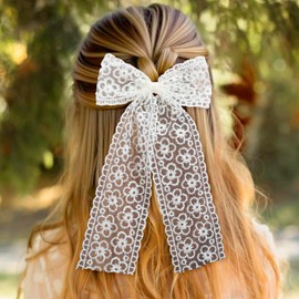 Mabor 3Pcs Elegant Beige Lace Bow, Large Lace Tulle Bows, Floral Hair Bows for Women Girls, Bowknot Barrettes with Long Tails, Coquette Hair Styling Accessories