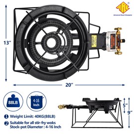 ARC Outdoor Propane Burner Stove, 13" Single Propane Wok Burner, Cast Iron Portable Wok Burner With Sturdy Stand, Bilateral Control Rings and 0-20 PSI Adjustable regulator, Stainless Steel Hose