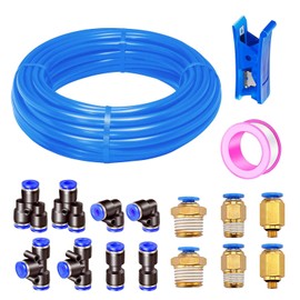 HUAZIZ Blue 10m Air PU Pneumatic Hose, 5/16 Inch Pneumatic Polyurethane Pneumatic Hose, 8mm Outer Diameter with 14 Pieces Pneumatic Connector + 1 Hose Cutter + 1 Roll Tape