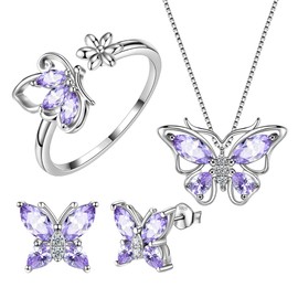 Aurora Tears Butterfly Jewelry Set,925 Sterling Silver Butterflies June-Alexandrite Birthstone Pendant Necklace/Earrings/Rings for Wedding Gif