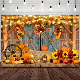 ChloropLastid Fall Thanksgiving Backdrop Barn Door Autumn Photo Background for Photography Pumpkins Sunflowes Maple Leaves Thanksgiving Day Baby Shower Party Decor Photo Booth Props 10x8FT