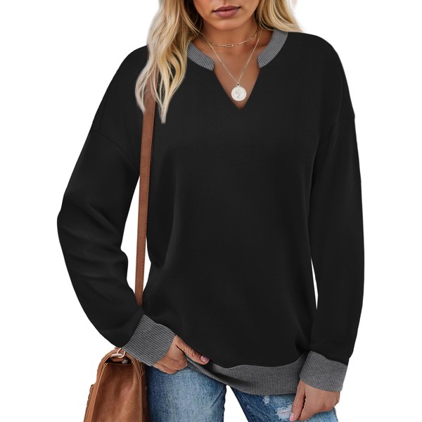 LilyCoco Womens Long Sleeve V Neck Sweatshirt Casual Color Block