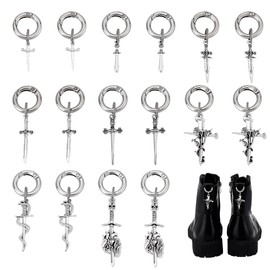 HOBBIESAY Pack of 16 Shoe Charms in 8 Styles Sword Shape Alloy Gothic Boots Heel Pendant DIY Shoe Accessories Antique Silver Platinum Boots Decoration for Boots Trainers Bags with Rings