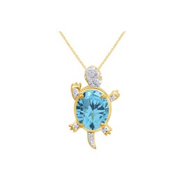 Jewel Zone US Simulated Aquamarine Gemstone & Cubic Zirconia Turtle Pendant Necklace In 14k Yellow Gold Over Sterling Silver, 18" Chain