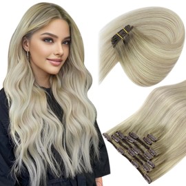 Sunny Hair Clip in Hair Extensions Human Hair Invisible Clip in Hair Extensions Real Human Hair Straight Hair Extensions for Women 22inch Sun Cool Ash Grey Balayage Blonde