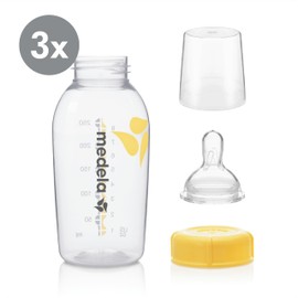 Medela Breast Milk Storage Bottles, 3 Pack of 8 Ounce Breastfeeding Bottles with Nipples, Lids, Wide Base Collars, and Travel Caps, Made Without BPA