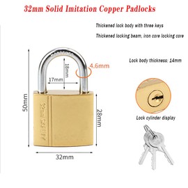 2pcs Solid Imitation Copper Padlocks with Keys, for Toolbox, Travel Bags, Luggage, School lockers, Sheds, Backpacks, Keyed Padlocks (Yellow)