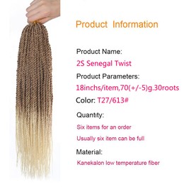 Palace hair 6Pack/LOT Senegalese Twist Crochet Hair Braids Small Easy Twist Crochet Braiding Hair 2S Senegalese Twists 14 inch 18inch 24inch 30strands/pack Hairstyles For Black Women color… (18inch, T27/613)