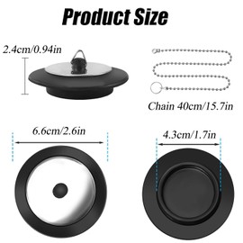 Universal Sink Plug Black Rubber Bath Plug Replacement with Stainless Steel Chain Drain Stopper for Bathroom Kitchen (Size 1.7in, Chain 15.7in)