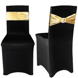 Frienda 100 Pieces Black Chair Cover Stretch Spandex Chair Slipcovers and Stretch Chair Sash with Round Buckle for Graduation Prom Party Banquet Holidays Celebration (Black and Retro Gold)