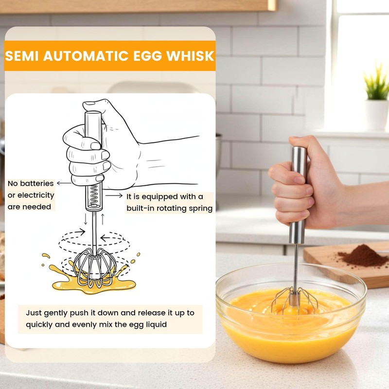 HANSGO Stainless Steel Egg Whisk, 12 Inch Semi Automatic Whisk