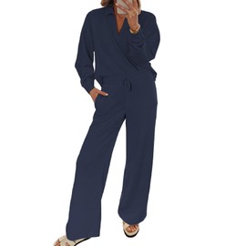 EVALESS Two Piece Sets for Women Fall 2025 Lounge Sets Casual Long Sleeve V Neck Sweatshirt and Wide Leg Sweatpants Sweatsuit Matching Sets Women Outfits Clothing Navy Blue Large