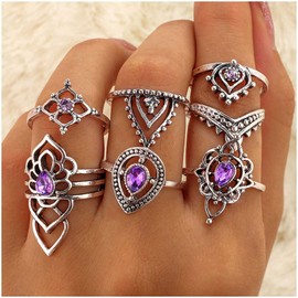 Sttiafay Bohemian Carved Knuckle Stackable Rings Set Vintage Crown Inlay Gemstone Stacking Joint Rings Index Finger Ring Midi Finger Rings Set DIY Jewelry Gifts for Women and Girls (7Pcs) (Style-A)
