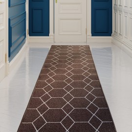 Custom Made Runner Rug for Kitchen Foyer Hallway Entry Choose Your Length Size 26 Inch Wide Geometric Lattice Design Brown Color (35 feet x 26 inch)