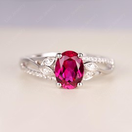 925 Sterling Silver Oval Shaped 1.75 CT Created Ruby Ring Leaf Engagement Ring July Birthstone Ring for Women Size 4.5 Jewelry