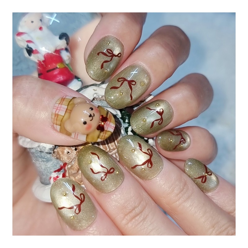 Century Bear and Burgundy Ribbon Handmade Nail Tips - Petit
