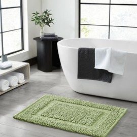 Jean Pierre New York 100% Chenille Cotton Skid Resistant Plush Bath Mat - 27"x45" Bathroom Rug - Sage Green