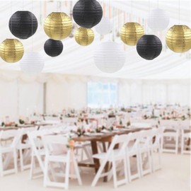 12pcs Black Gold White Paper Lanterns,Round Hanging Paper Lampshade,Birthday,Baby Shower,Wedding,Party,Ceiling Decoration（4" 6" 8" 10" ）