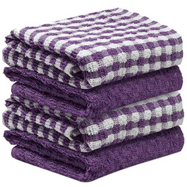 Towelogy® 4 Pack Kitchen Towel Set Monocheck Purple 100% Cotton Terry Tea Towels for Drying Dishes Multipurpose Dish Towels | Highly Absorbent & Durable 45x65cm (Purple White, 4)