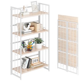 4NM No-Assembly 4 Tiers Folding Bookshelf Storage Shelves Vintage Bookcase Standing Racks Study Organizer Home Office - Natural and White