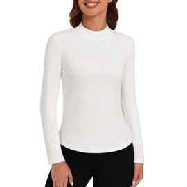 Bonneuitbebe Women's Long Sleeve White Thermal Shirts Mock Turtleneck Tops Lightweight Curved Hem Undershirt Cold Weather