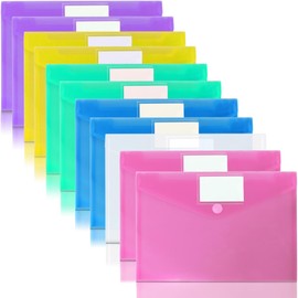 OUTYLTS 11 Pack Plastic Poly Filing Envelopes, Clear Document Folders US Letter A4 Size File Envelopes with Label Pocket & Paste Button for School Home Work Office Organization, 6 Assorted Color