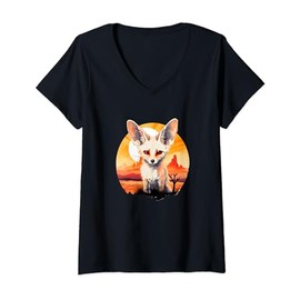Womens Watercolor Sunset Fennec Fox V-Neck T-Shirt