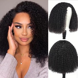 CanaryFly Afro Kinky Curly 3 In 1 Glueless Half Wigs With Drawstring Human Hair 200% Density Seamless Afro Curly Half Wigs Natural Hairline Flip Over Wig Beginner Friendly,Black Color(18inch)