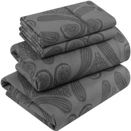 Utopia Bedding Queen Sheet Set, Soft Microfiber 4 Piece Bed Sheets with 15" Deep Pocket - Easy Care Brushed Microfiber (Paisley - Grey)