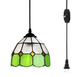 HuisMier Tiffany Style Plug in Pendant Light, Green Mini Chandelier with 15 Ft Hanging Cord and On/Off Dimmer Switch, Vintage Swag Ceiling Lamp for Dining Room Bedroom Living Room Porch, 7.9" Width