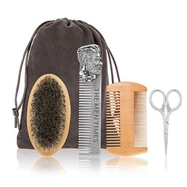 barba kit cuidado, Kit de barba 4 en 1 cuidado de la barba con peine de acero inoxidable, cepillo de tijera con peine de doble cara Juego de peinado d