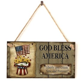 4th of July Independence Day Wooden Hanging Sign Patriotic Door Decorations Independence Day Welcome Sign Floral Hat Star Spangled Banner Wood Door Sign for Holiday Home Farmhouse Window