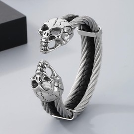 Klapgo Men's Gothic Skull Bracelet Stainless Steel Cable and Leather Punk Bangle, Open Cuff Design for Biker Rocker Gothic Jewelry
