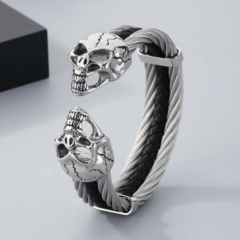 Klapgo Men's Gothic Skull Bracelet Stainless Steel Cable and Leather
