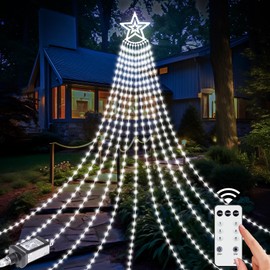 Christmas Decorations Waterfall Lights Outdoor, 26.25FT 906 LED Christmas Star String Light wth 8 Lighting Modes, Remote Control Hanging Tree Lights for Holiday Xmas Tree Patio Yard Decor, Cold White