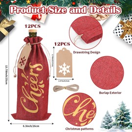 FOIMAS 12pcs Christmas Burlap Wine Gift Bags, Resuable Linen Wine Bottle Bags with Drawstring and 24 Snowflake Tags Perfect for Christmas Housewarming Storage