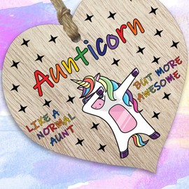 Auntie Birthday Gift for Her - Aunticorn - Wooden Heart Plaques, Light Wood Sign Keepsake, Funny Aunty Happy Birthday Plaque Auntie Gifts Unicorn Awesome Aunt Present from Nephew or Niece