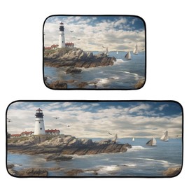 xigua Lighthouse Beach Kitchen Mat - Cushioned Anti Fatigue Kitchen Rug Set of 2, Non Slip Kitchen Mats for Kitchen, Laundry, Sink, Office